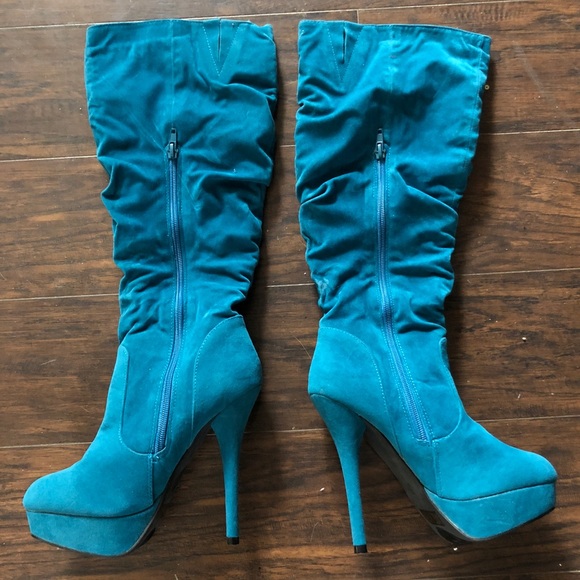 Shoes - Teal Blue Green Suede Platform Heel Tall Boots